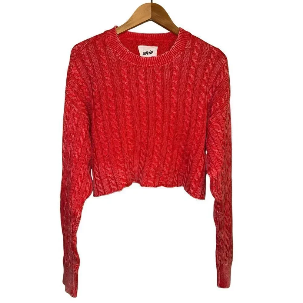 Aerie Cotton Oversized Red Acid Wash Cropped Cable Knit Pullover Sweater